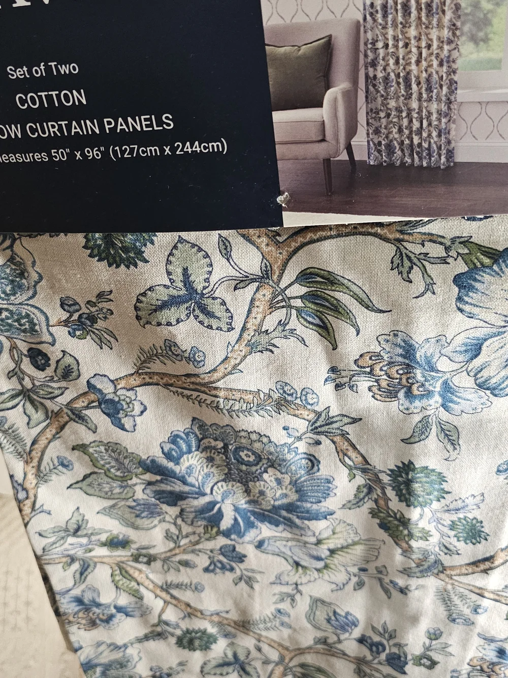 NWT Curated Kravet 2 pc Window Curtains Jacobean Floral Blue Cotton 50” x 96”